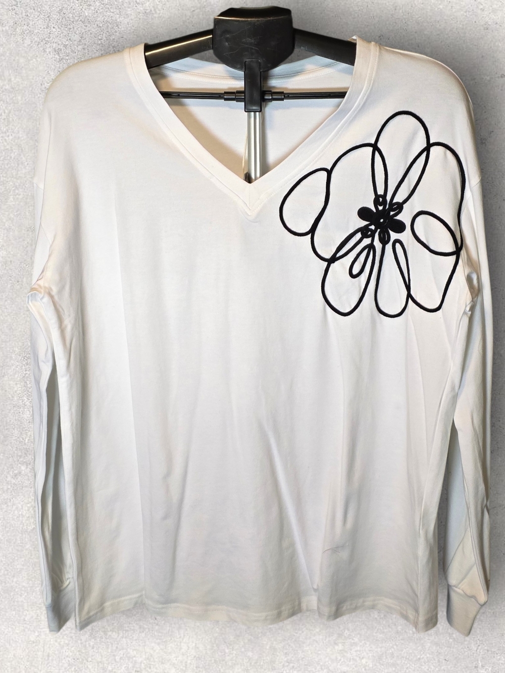 Women's White V-Neck Long Sleeve Top with Black Floral Outline